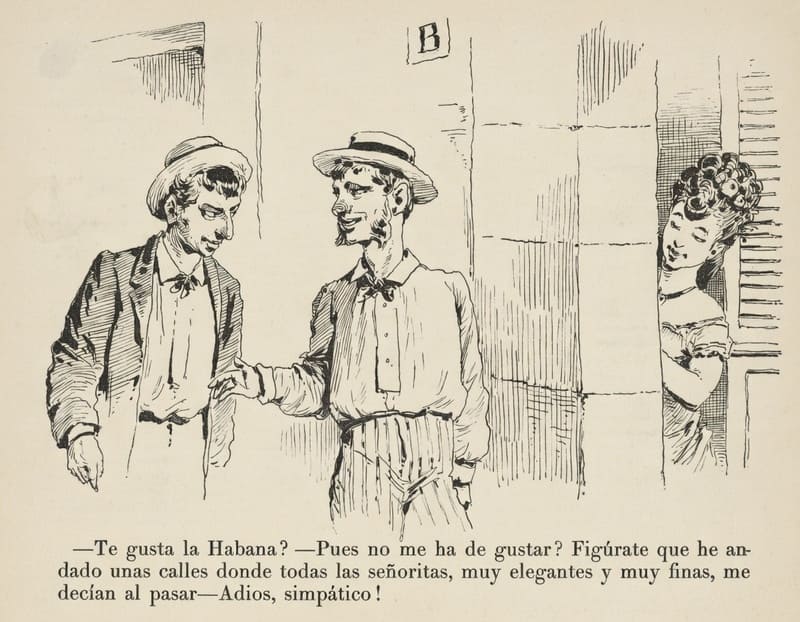 Caricatura, dos hombres conversan y una mujer los observa con picardía