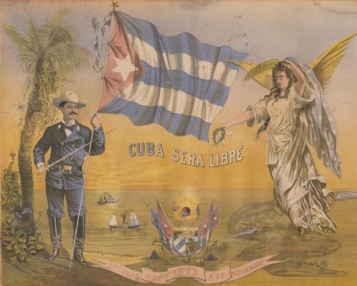 Hombre con bandera cubana a la izquierda, ángel a la derecha y en el medio la leyenda "Cuba será libre", con paisaje marítimo de fondo.