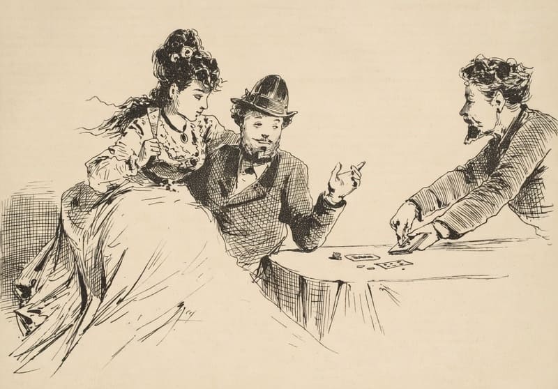 Dos hombres juegan a las cartas, uno de ellos tiene una mujer sentada en su regazo.