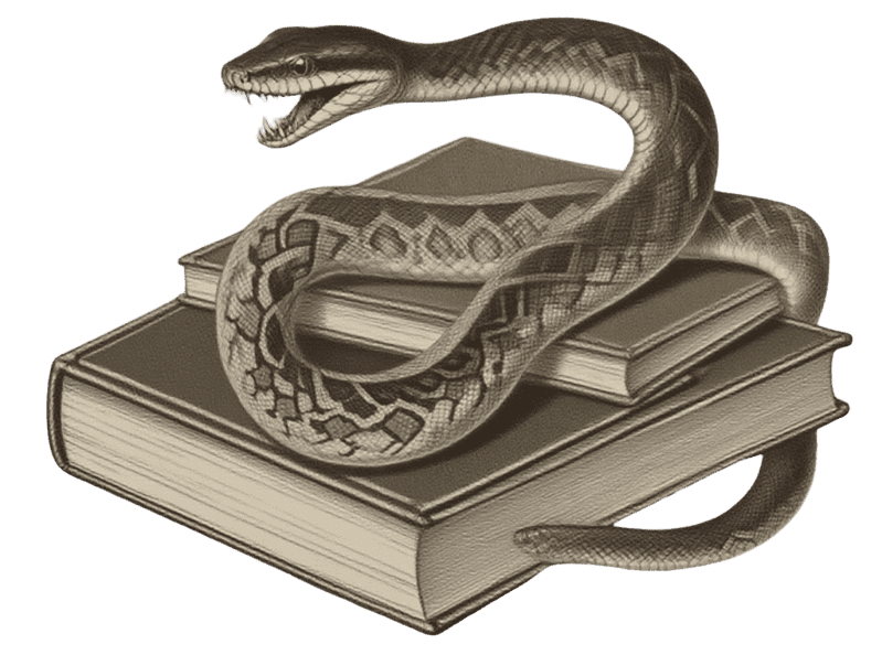 Serpiente amenazante sobre libros, evocando la censura de imprenta