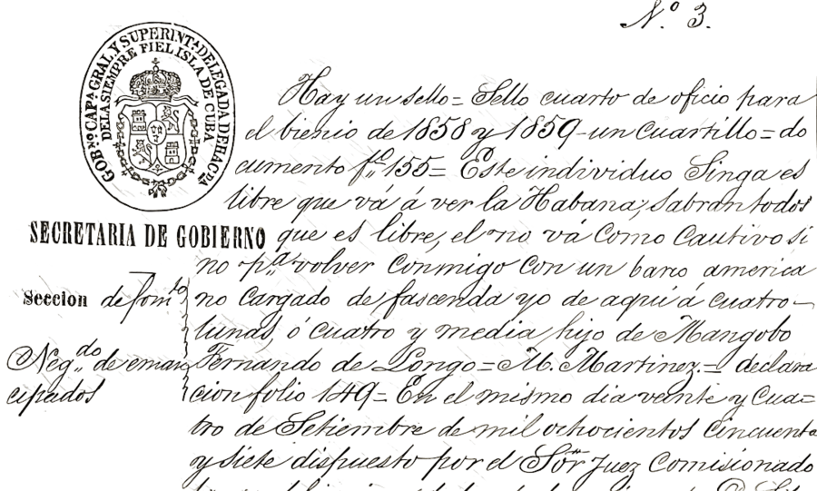 Fragmento de manuscrito de la Secretaría de Gobierno de Cuba sobre el africano Singa