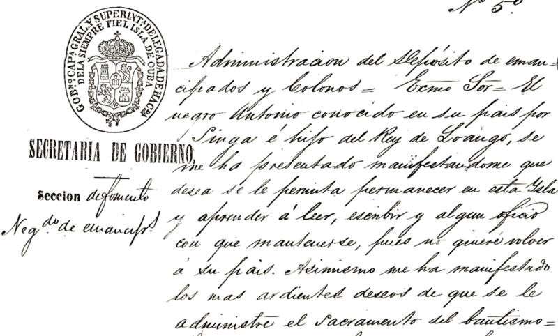 Documento manuscrito de la Secretaría de Gobierno sobre el esclavo Singa