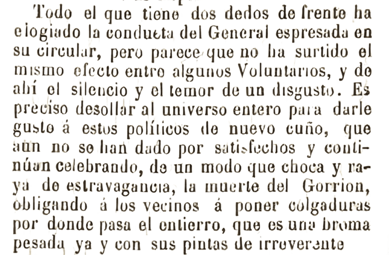 Fragmento de impreso sobre conducta de voluntarios españoles y el homenaje a un gorrión