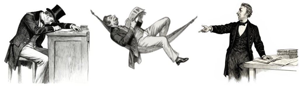 Evocación de empleados públicos descansando, leyendo o perdiendo el tiempo en el trabajo