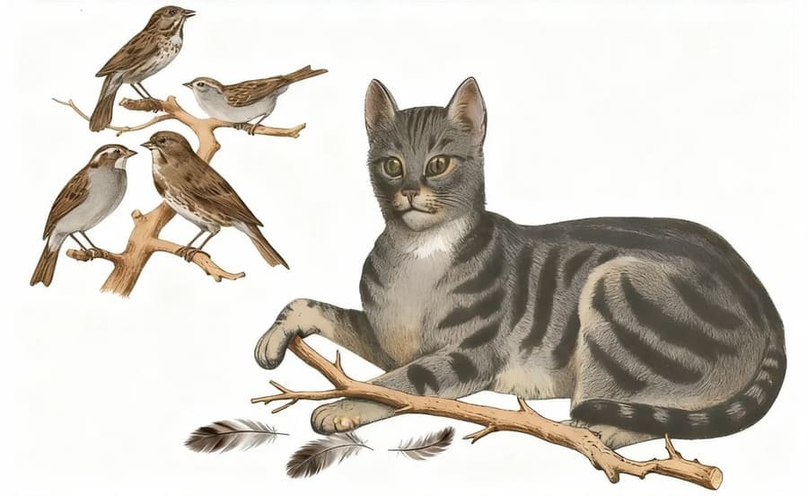 Gato y gorriones en una rama