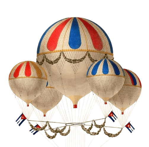 Globos y banderas cubanas, con colores rojo, blanco y azul