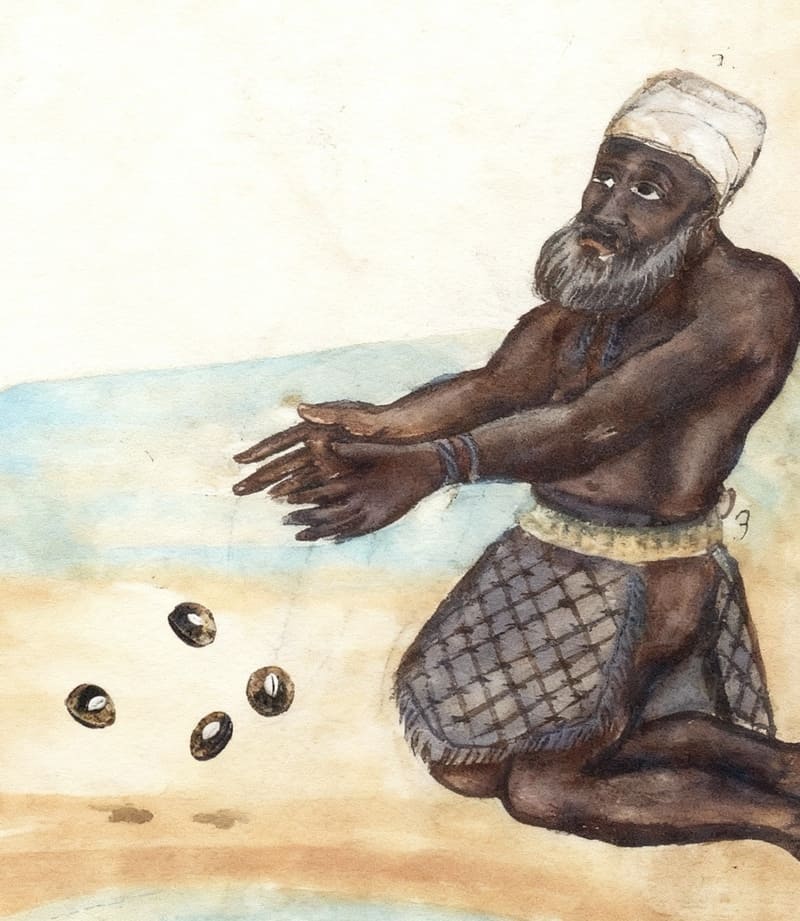 Representación de un nganga lanzando los chamalongos