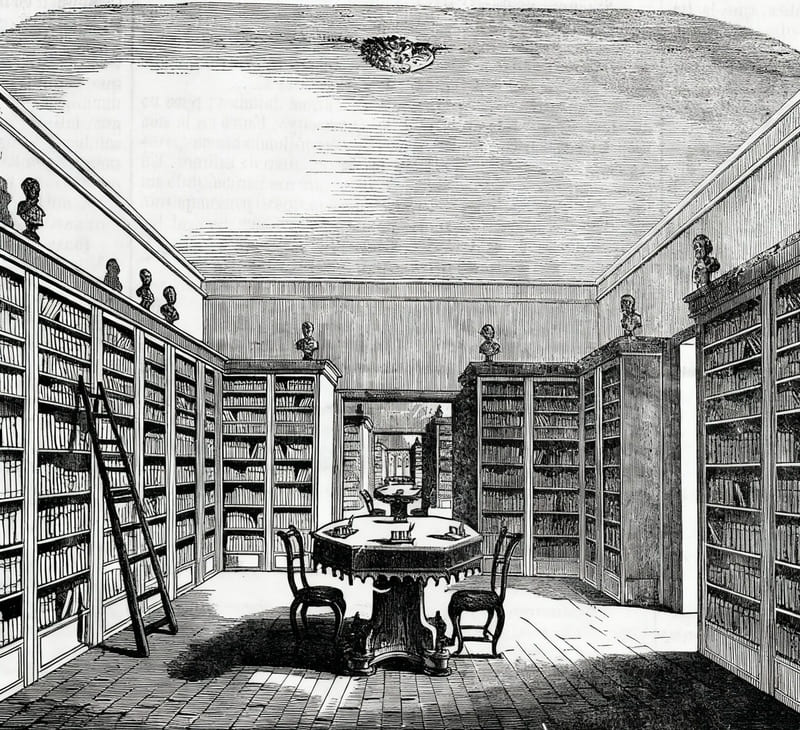 Una biblioteca con mesa y estanterías