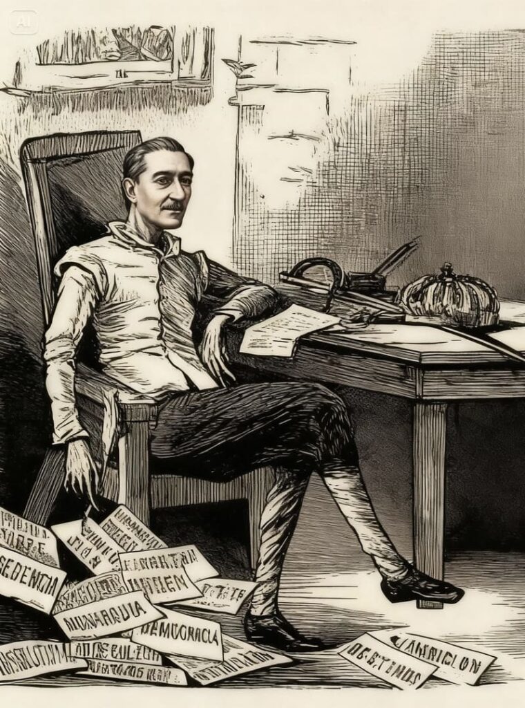 Evocación de Francisco Javier Balmaseda con pluma y papeles escritos