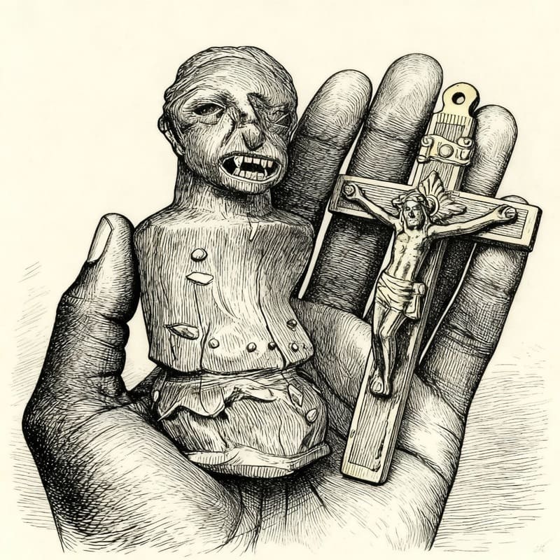 Mano que sostiene un crucifijo y un nkisi 