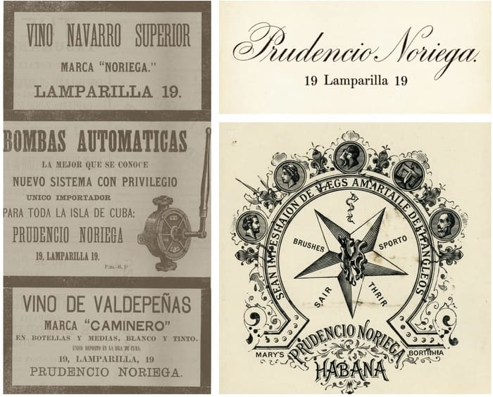 Impresos publicitarios y membrete de la correspondencia comercial de Prudencio Noriega
