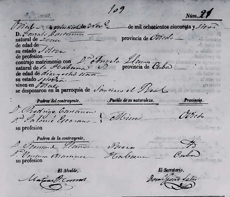 Inscripción de matrimonio de Gonzalo Castañón y Angela Llanos, 1857.