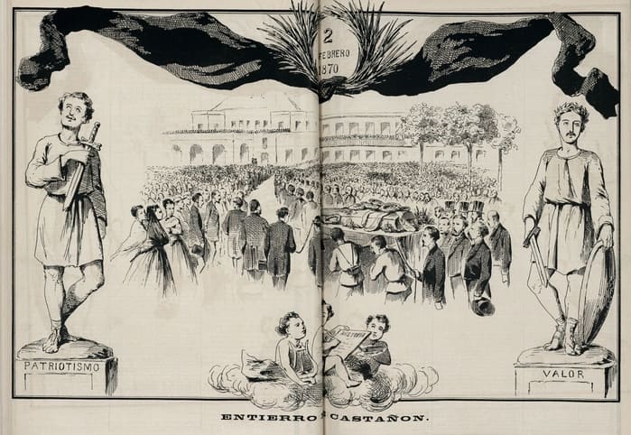 Sepelio de Gonzalo Castañón, litografía publicada en Juan Palomo (6 de febrero de 1870).
