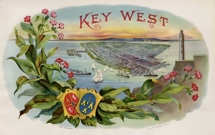 Etiqueta de caja de tabaco de Key West, con vista del territorio desde el mar.