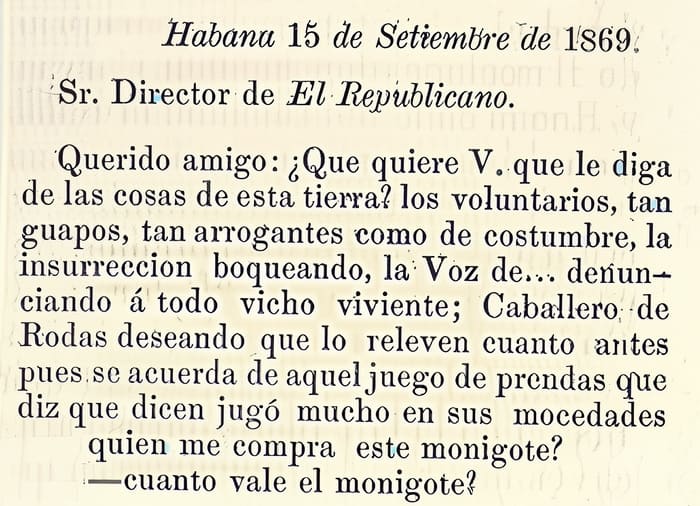 Breve carta anónima desde La Habana reproducida en EL Republicano, de Cayo Hueso.