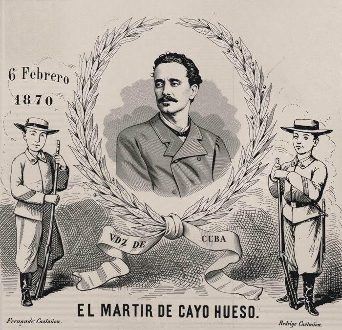 Parte de la litografía de portada de Juan Palomo (6 de febrero de 1870),  imágenes de Castañón y de sus hijos, estos últimos con uniformes de voluntarios españoles.