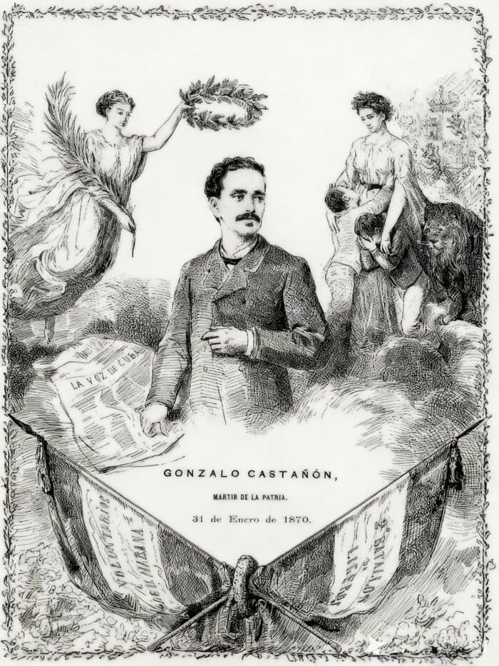 Castañón y otras figuras alegóricas, litografía publicada en El Moro Muza (6 de febrero de 1870)