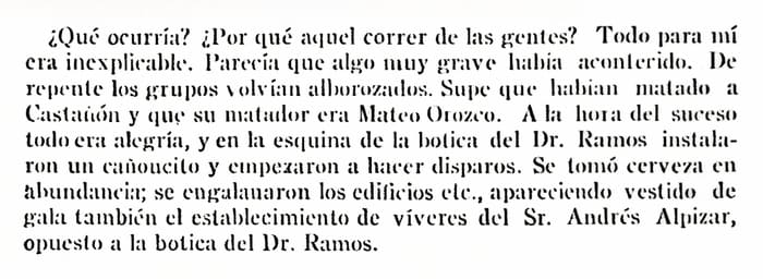 Fragmento de texto impreso, memorias de Juan Pérez Rolo sobre la muerte de Gonzalo Castañón.