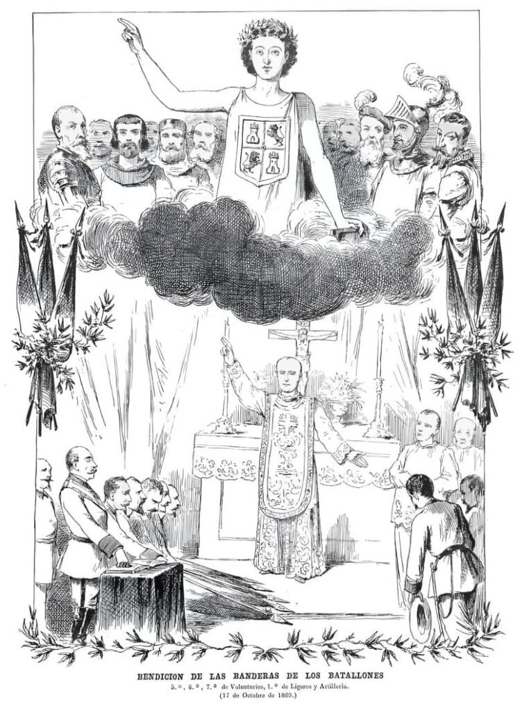 Grabado que representa un acto religioso en favor de las armas españolas, incluyendo la bendición de la bandera, 1869