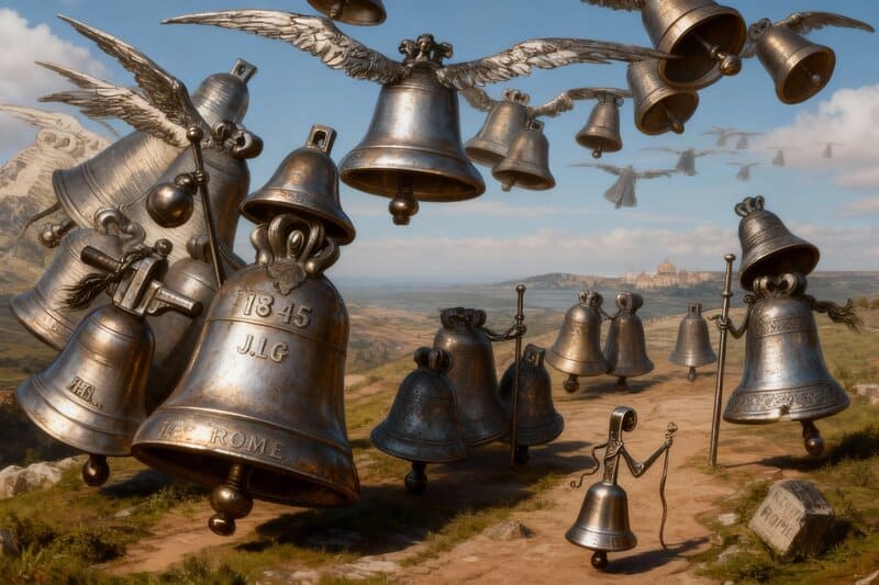 Fantasía de campanas de metal volando hacia Roma, cielo, nubes, mar y tierra.