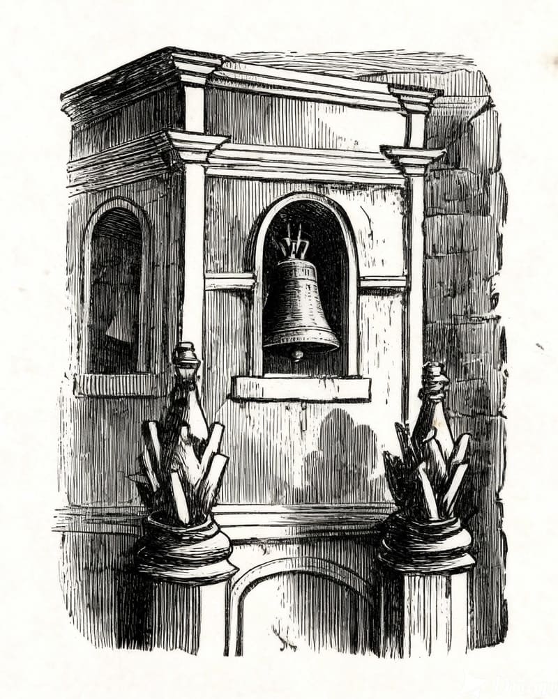 Grabado que representa torre y campanas.
