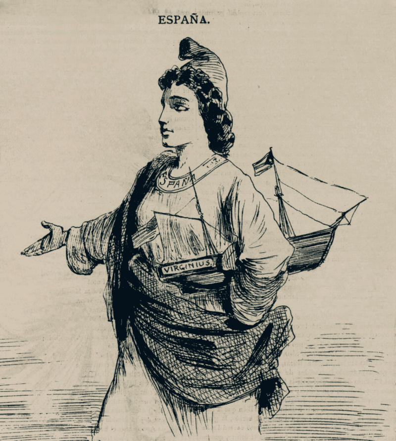 Representación alegórica de España como una figura femenina, sosteniendo bajo el brazo un barco con una bandera cubana y otra norteamericana, en el cual reza la leyenda “Virginius”, 1873.