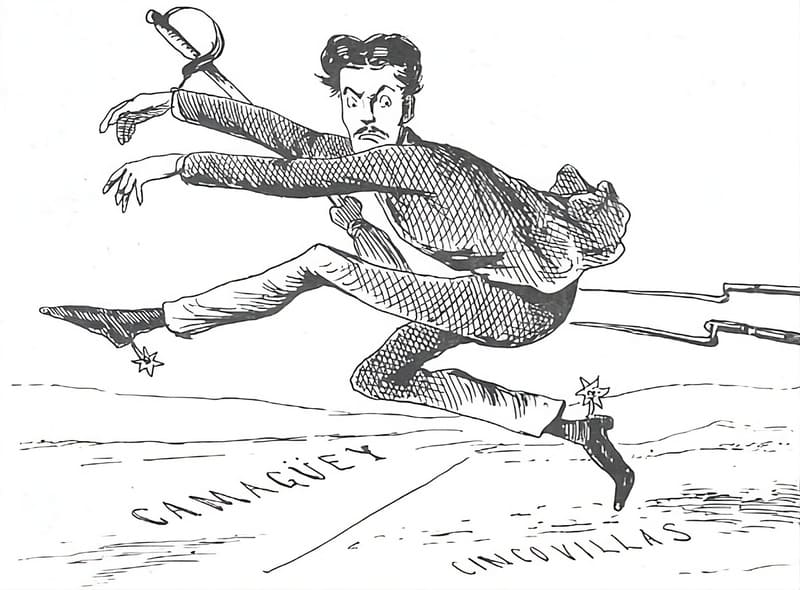 Caricatura de un hombre saltando una línea imaginaria, a la izquierda está escrito “Camagüey” y a la derecha “Cinco Villas”, parecen empujarlo dos bayonetas.