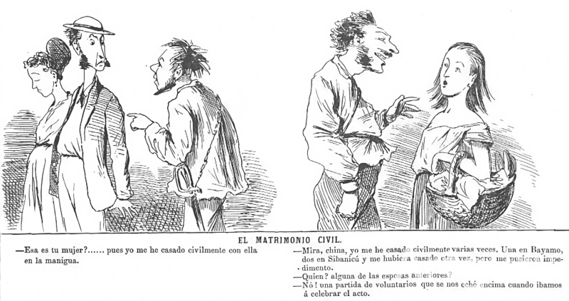 Caricaturas y diálogos burlescos respecto al matrimonio civil en la insurrección de Cuba, 1869.