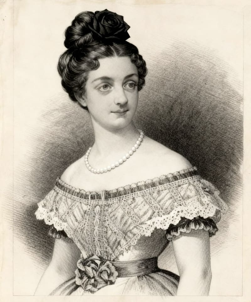 Mujer joven en traje de la época de 1860-1870, cabello oscuro y collar de perlas.
