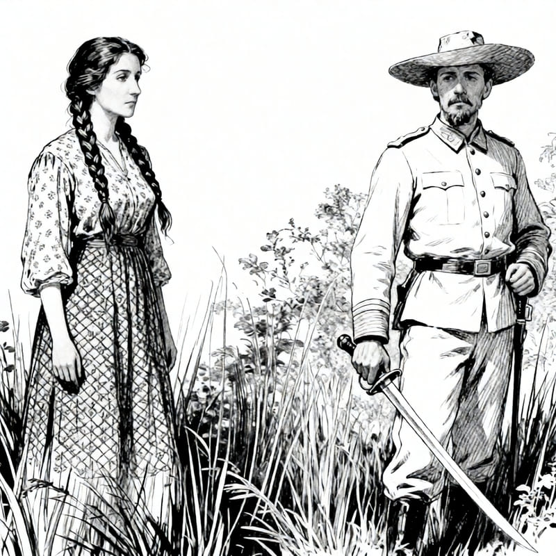 Mujer a la izquierda y hombre a la derecha, con uniforme militar de la época de 1870. Tienen semblantes serios y están algo distantes, en un paraje natural. 
