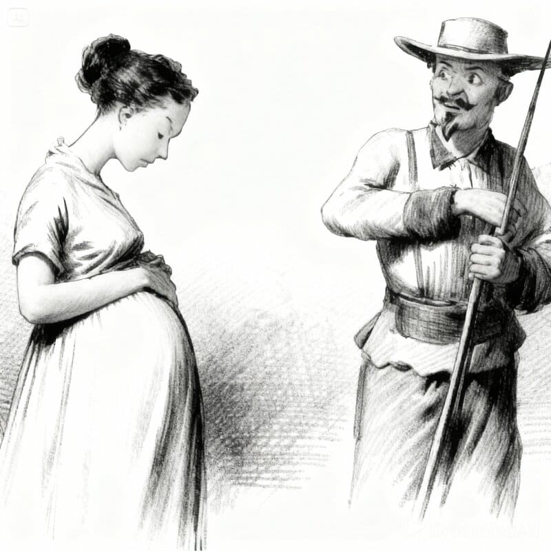Caricatura que representa a una mujer embarazada llegando ante un soldado español, 1869.