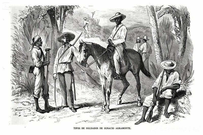 Un insurrecto cubano a caballo y otros de pie o sentados, en un paisaje de campo, 1872.