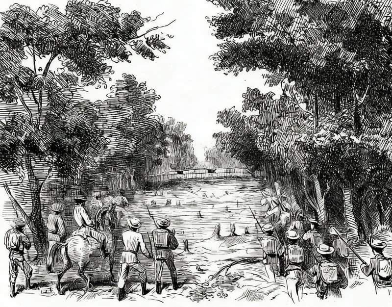 Grabado que representa a un grupo de soldados españoles antes de un combate, en 1870, en un paisaje con árboles y río.