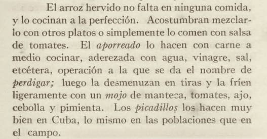 Texto de Samuel Hazard sobre la gastronomía cubana del siglo XIX (arroz hervido, aporreado y picadillo)