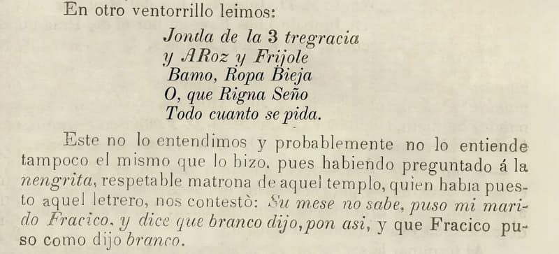 Fragmento que muestra y describe el contenido de un cartel de menú en un ventorrillo cubano del siglo XIX.