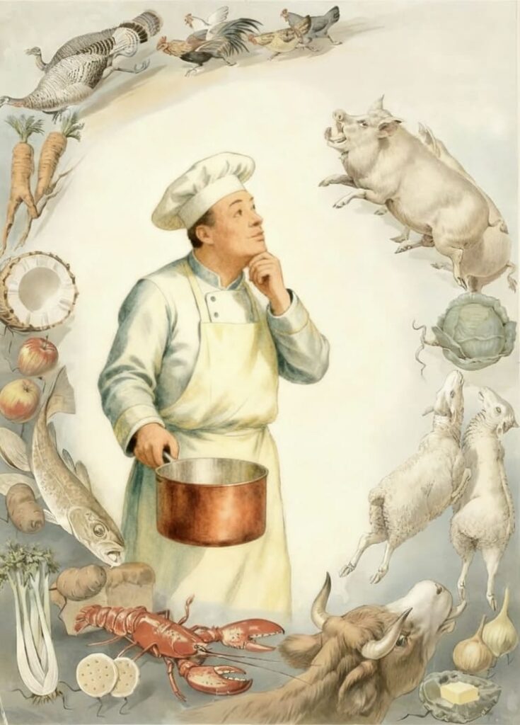Cocinero pensativo, mientras giran a su alrededor distintos alimentos animales y vegetsles
