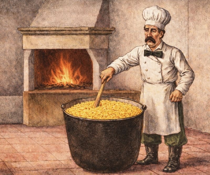 Cocinero cerca del fuego con un gran caldero, cuyo contenido representa arroz amarillo.