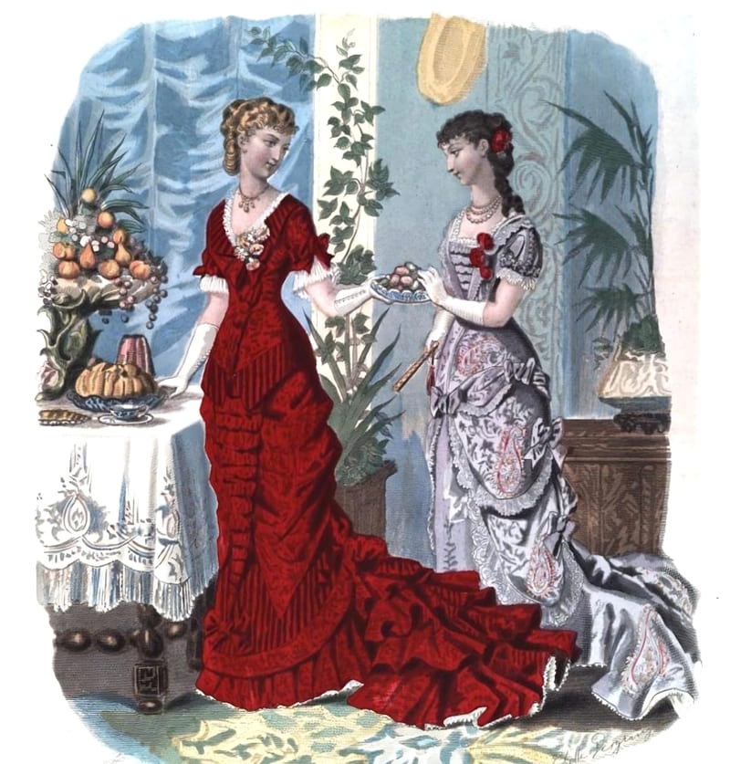 Dos damas exquisitamente vestidas junto al borde de una mesa, de la cual toman ciertos alimentos