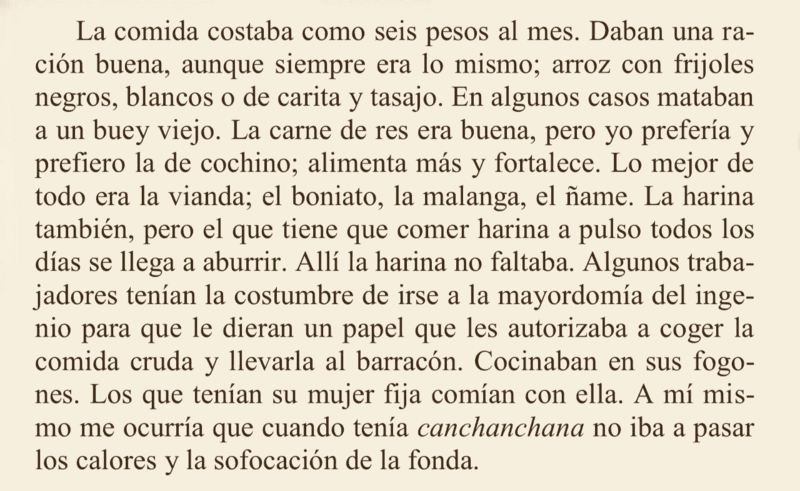 Descripción de las comidas de los ex esclavos en Cuba, tomada de Biografía de un cimarrón