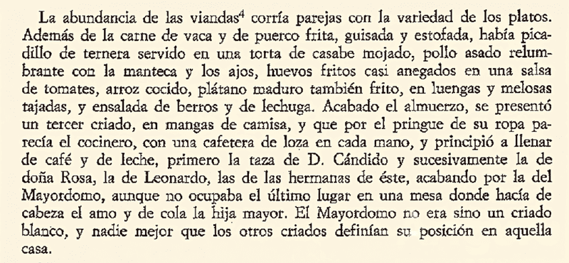 Fragmento de texto de la obra Cecilia Valdés, que constituye la descripción de un almuerzo familiar