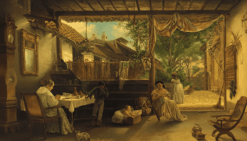Pintura del patio interior de una casa de Santiago de Cuba en el siglo XIX; con mesa, señoras y niños, del pintor Joaquín Cuadras