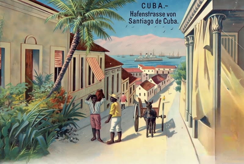 Postal que representa a Santiago de Cuba en el siglo XIX