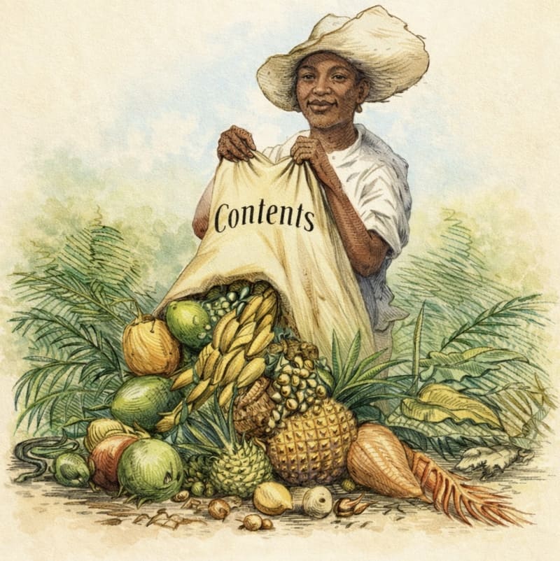Señora vendedora de frutas mostrando las frutas que lleva en un saco, de la obra de Hazard