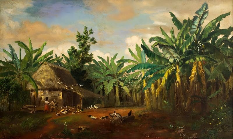 Paisaje que muestra una casa campesina, aves y vegetación alrededor. Obra del pintor cubano Esteban Chartrand