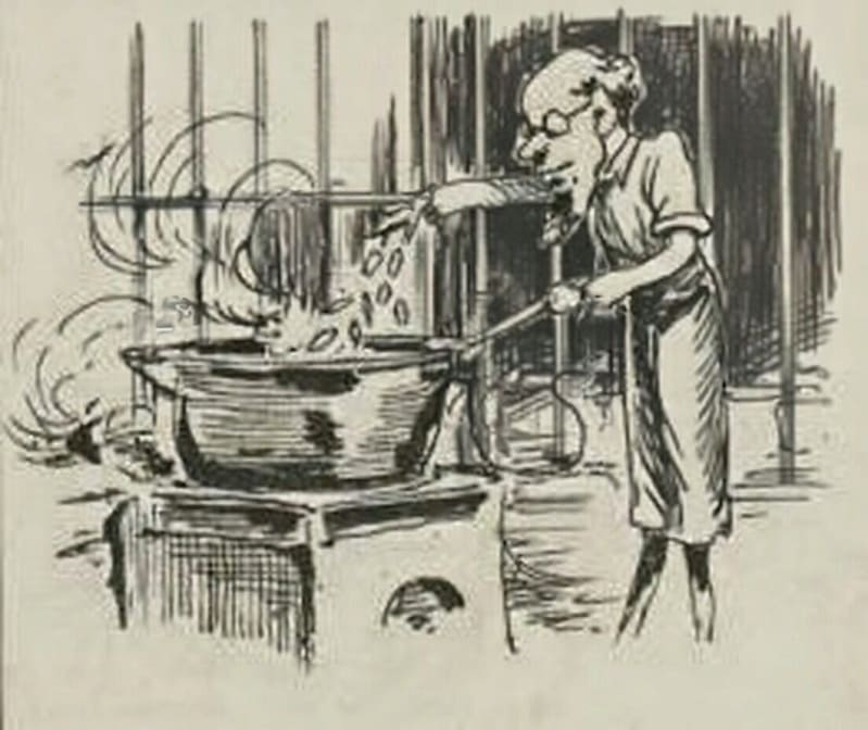 Imagen en blanco y negro de un cocinero en acción, junto a reja que sugiere una cárcel.
