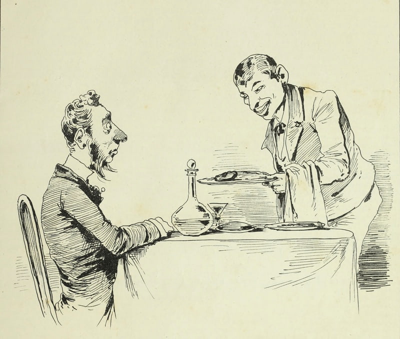 Camarero sonriente sirviéndole un plato a un cliente, dibujo satírico.