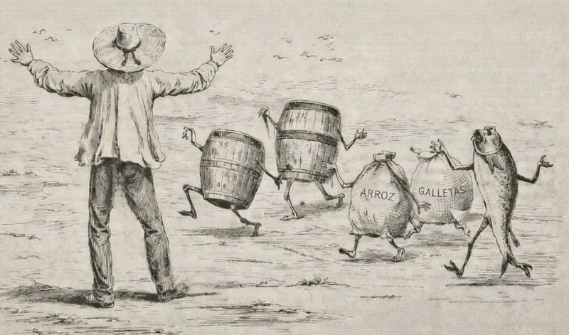 Caricatura de alimentos caminando y persona llamándolos, generada con i.a.