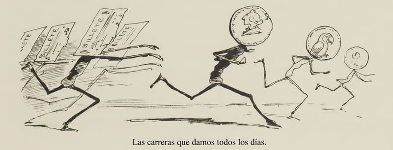 Caricatura de billetes del banco español persiguiendo monedas de oro, todos personificados.