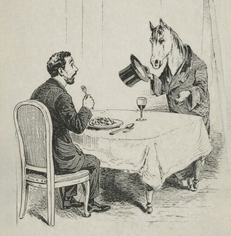 Caricatura de persona comiendo y caballo antropomorfo observando.