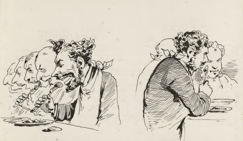 Dibujo satírico, dos mesas con personas comiendo

